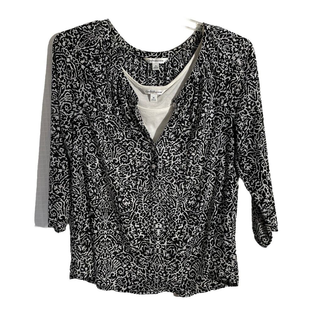 Croft & Barrow Sz M Black White Floral Print Sheer Blouse With White Tank Top